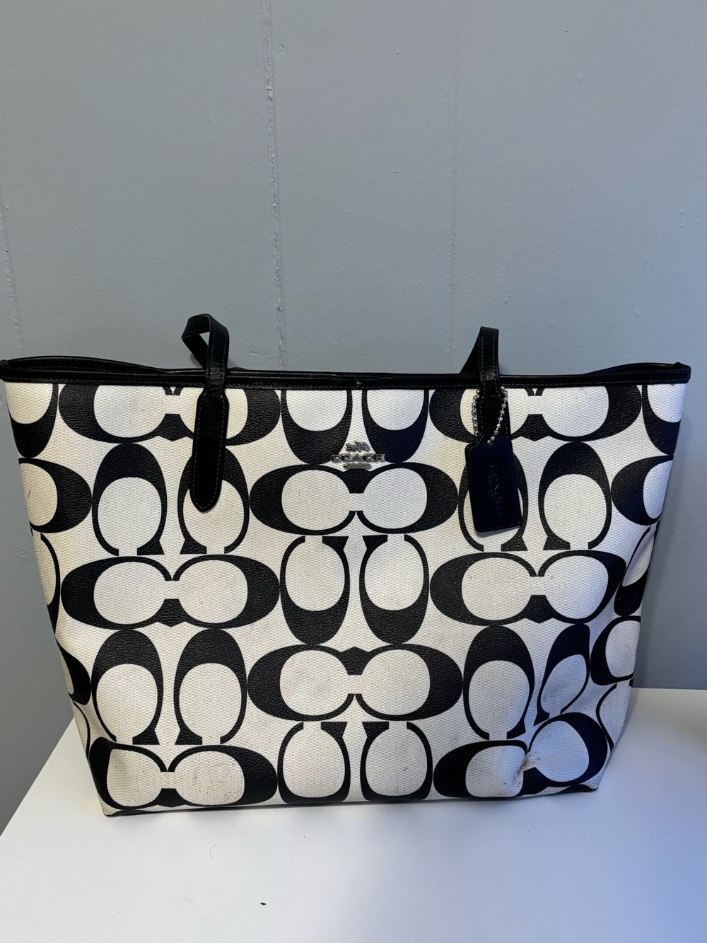 Coach Black & White Signature Canvas Tote with Leather Trim